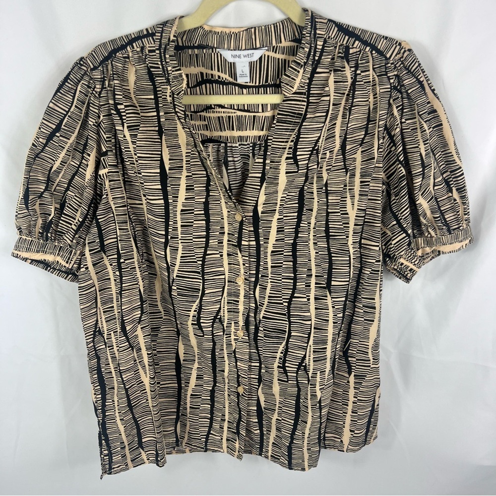 Nine West Beige and Black Patterned Button Down Blouse